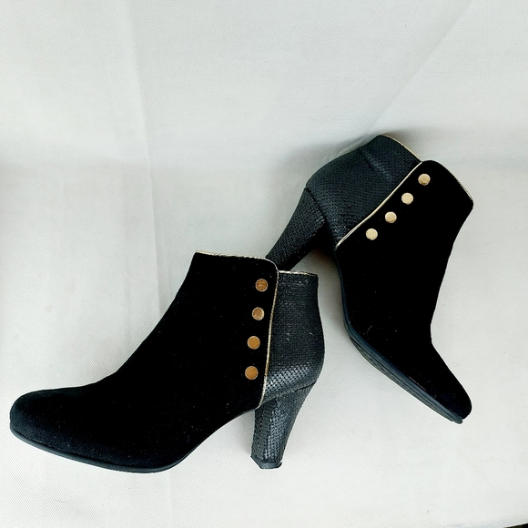 ALBERTO black heeled booties faux leather ankle boots gold accents - Picture 2 of 15